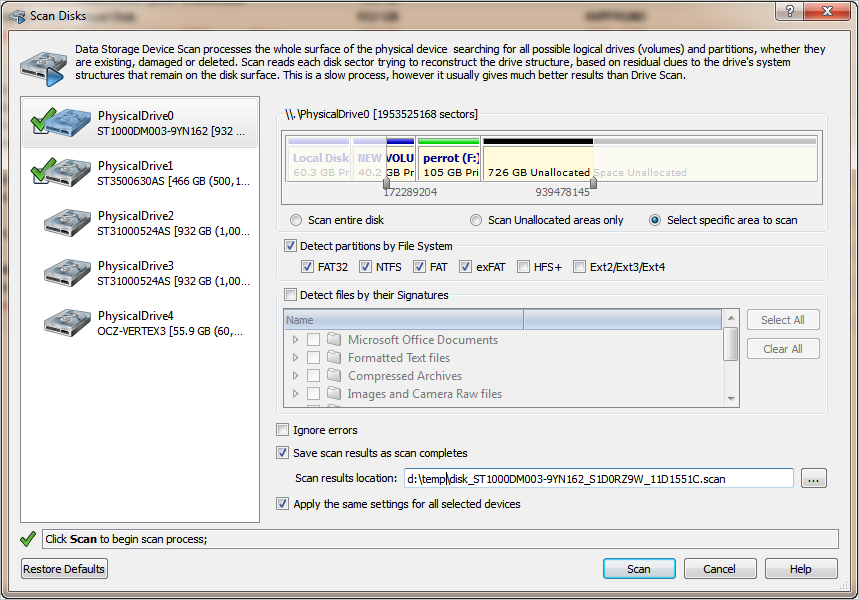 Disk Scan dialog