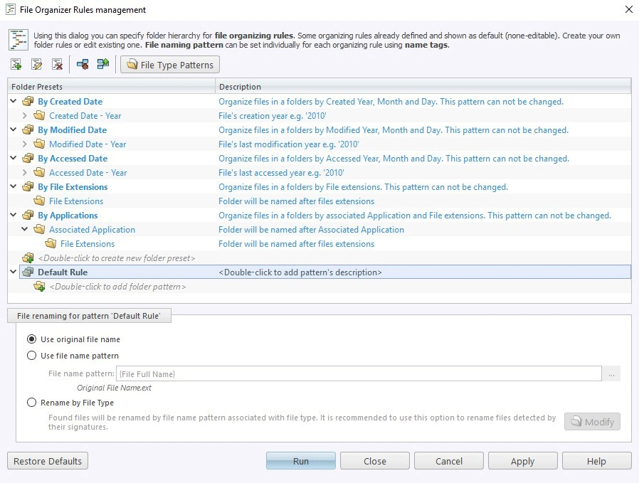 File Organizer Rules managment