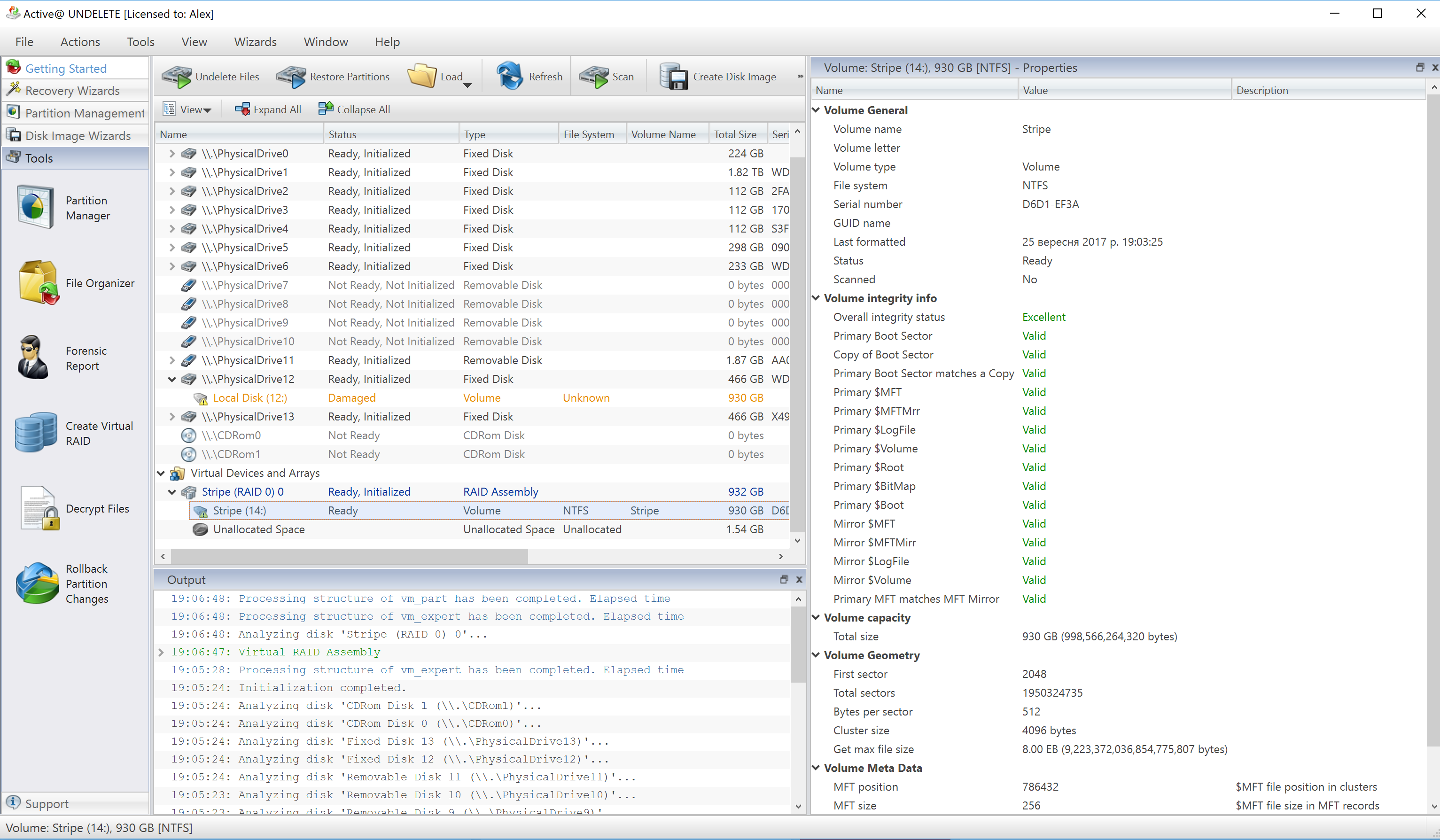 Active@ Undelete has created a virtual RAID 0 Stripe out of two listed HDDs.