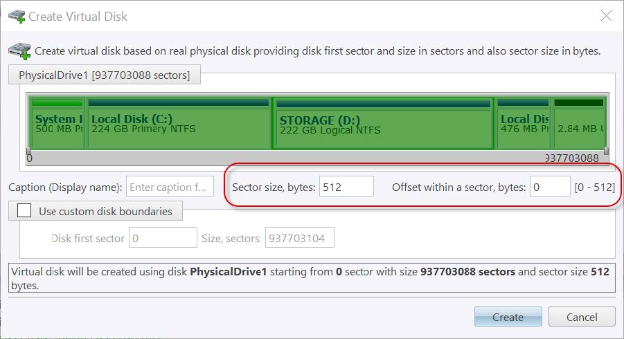 Create virtual disk dialog