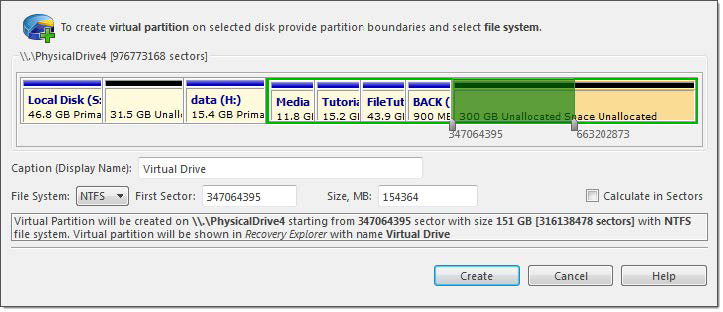 Create virtual partition dialog. Active@ UNDELETE