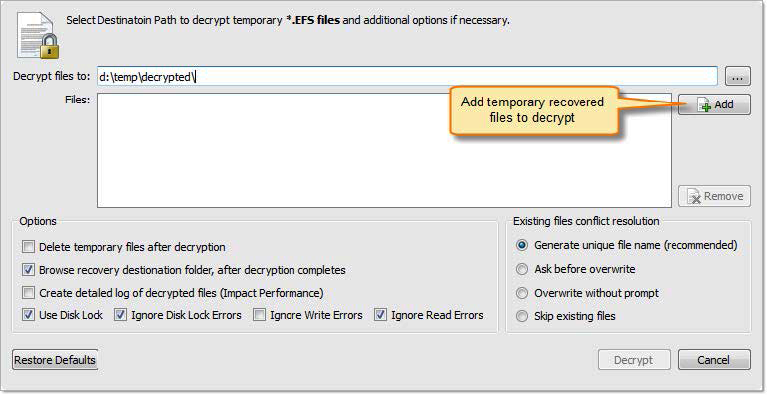 Decrypt files dialog box. Active@ UNDELETE