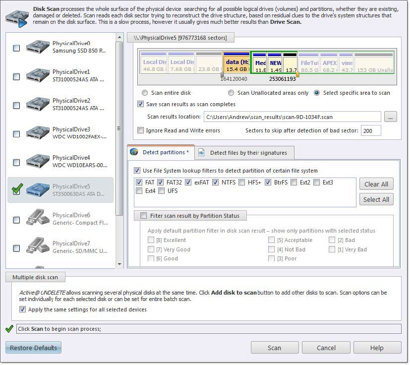 Disk Scan dialog. Active@ UNDELETE