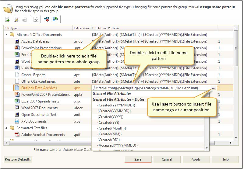 File Name Patterns dialog