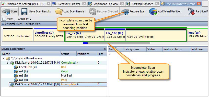 Incomplete Device Scan. Active@ UNDELETE