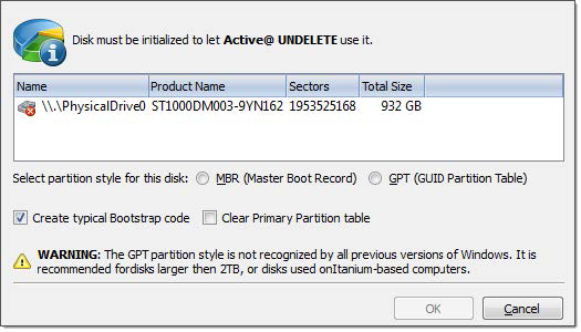 Initialize Disk dialog. Active@ UNDELETE