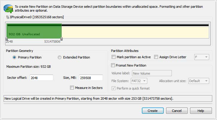 Create Partition dialog. Active@ UNDELETE