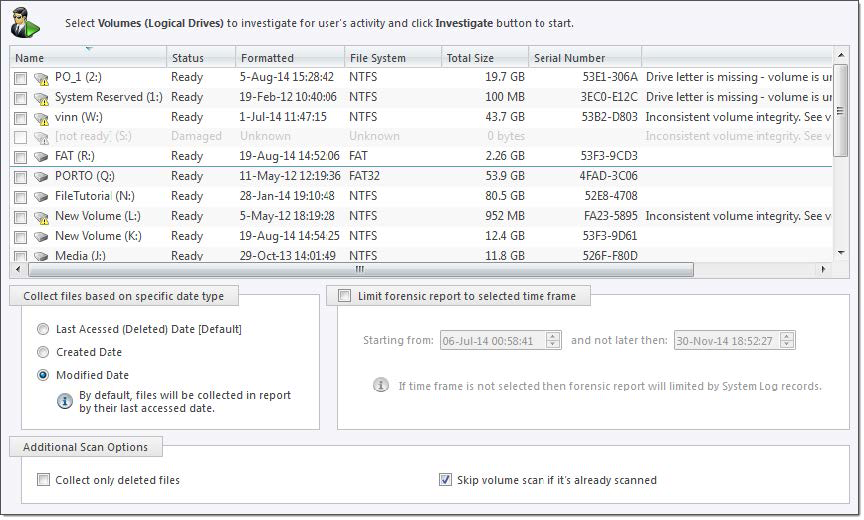 Scan volumes dialog. Active@ UNDELETE