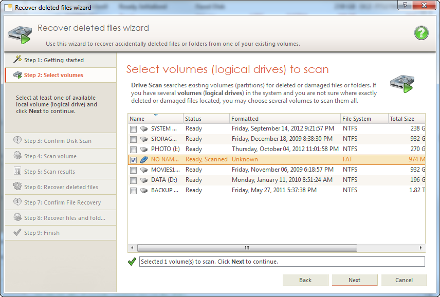 Recovery Wizard: select volumes to scan