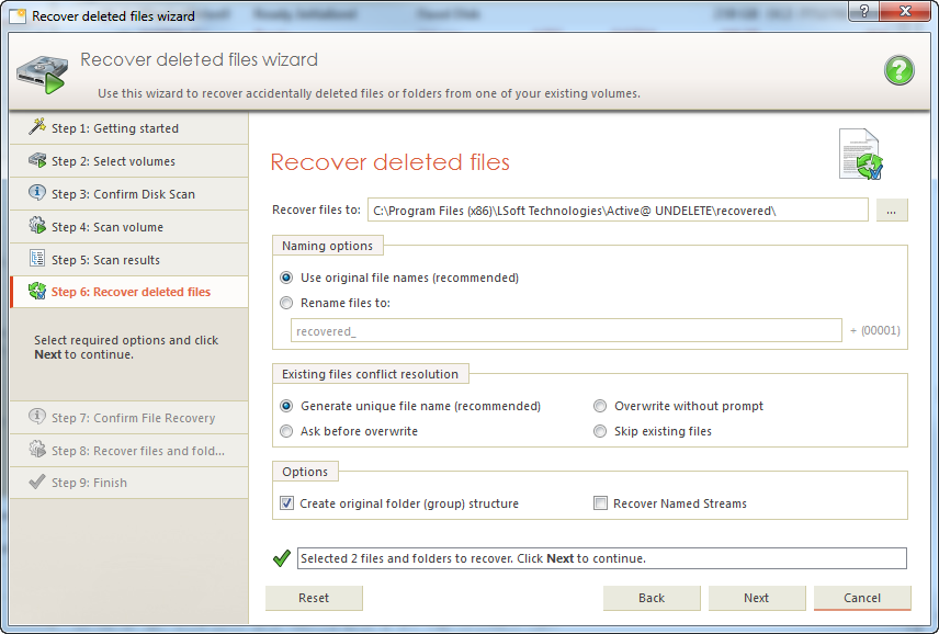 Recovery Wizard: file recovery options