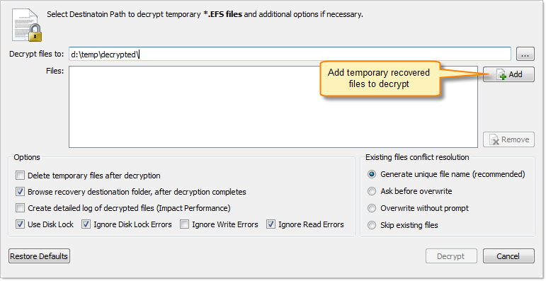 Decrypt files dialog box