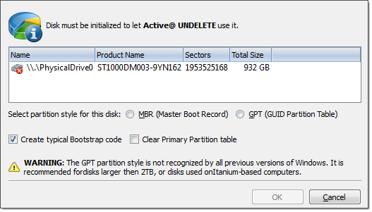 Initialize Disk dialog