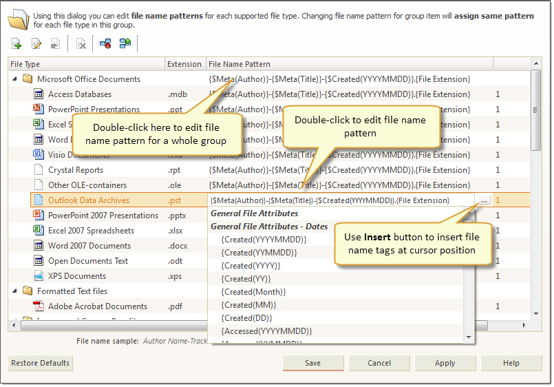 File Name Patterns dialog