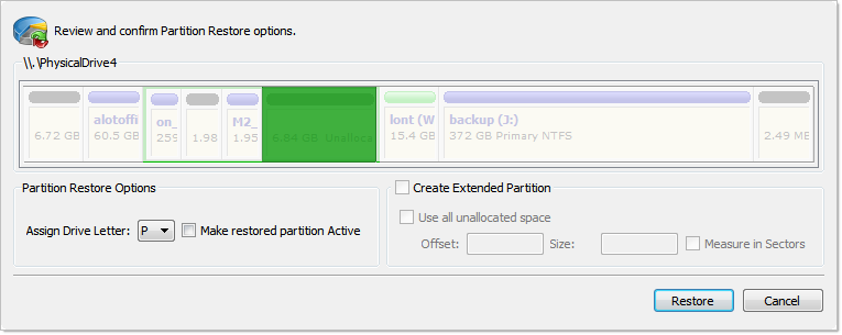 Restore partition dialog