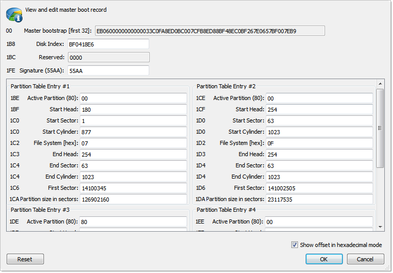 Edit Partition Table dialog