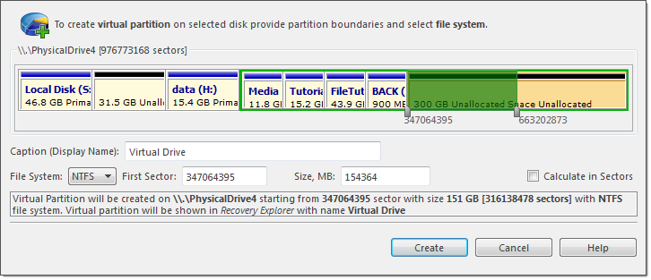 Create virtual partition dialog