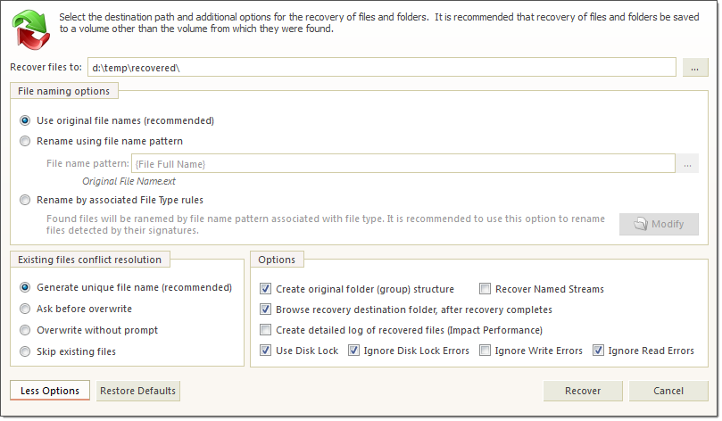 File recovery dialog  - extended