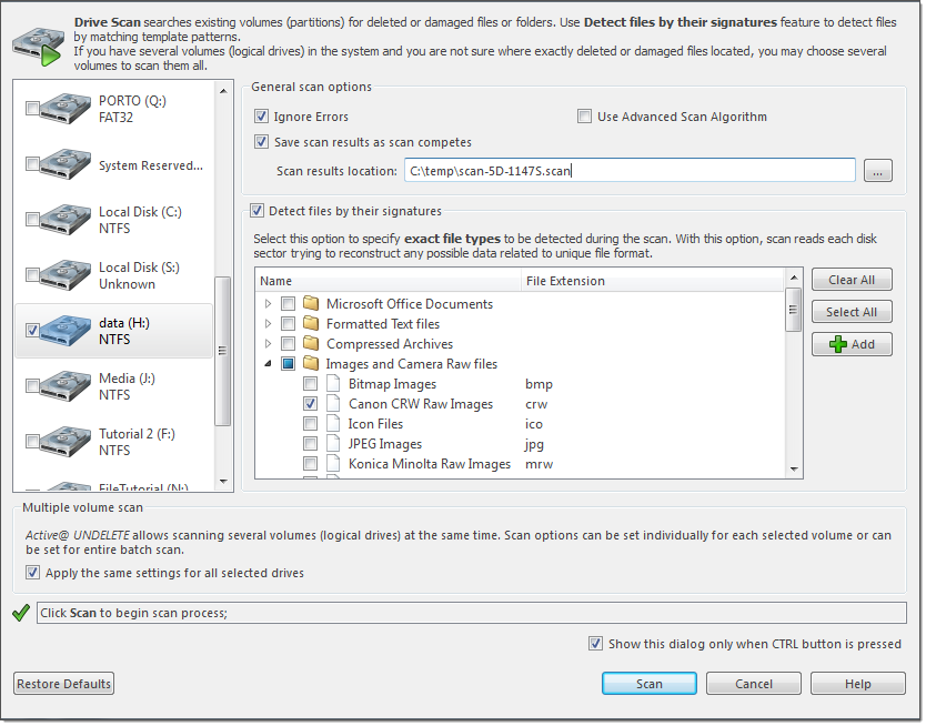 Scan volumes dialog