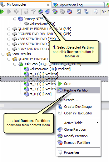 Select partition and open Restore Partition dialog