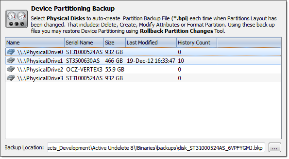 Device Backups Options