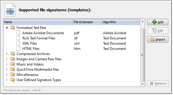 File Signatures Options